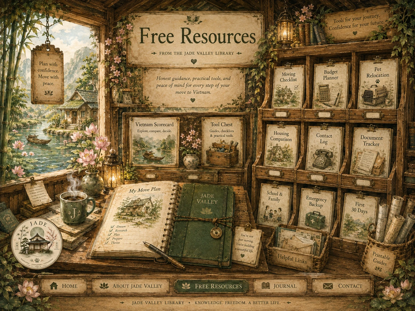Illustrated Jade Valley Free Resources planning room with scorecard and printable guides