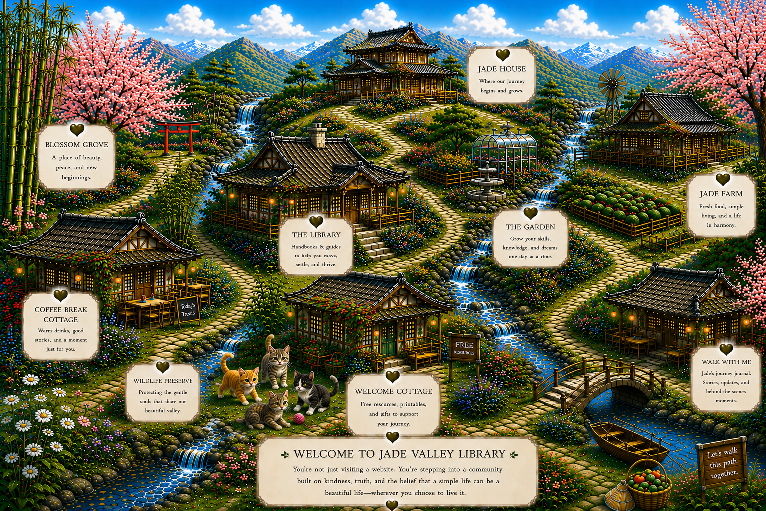 Illustrated map of Jade Valley with cottages, rivers, gardens, and walking paths