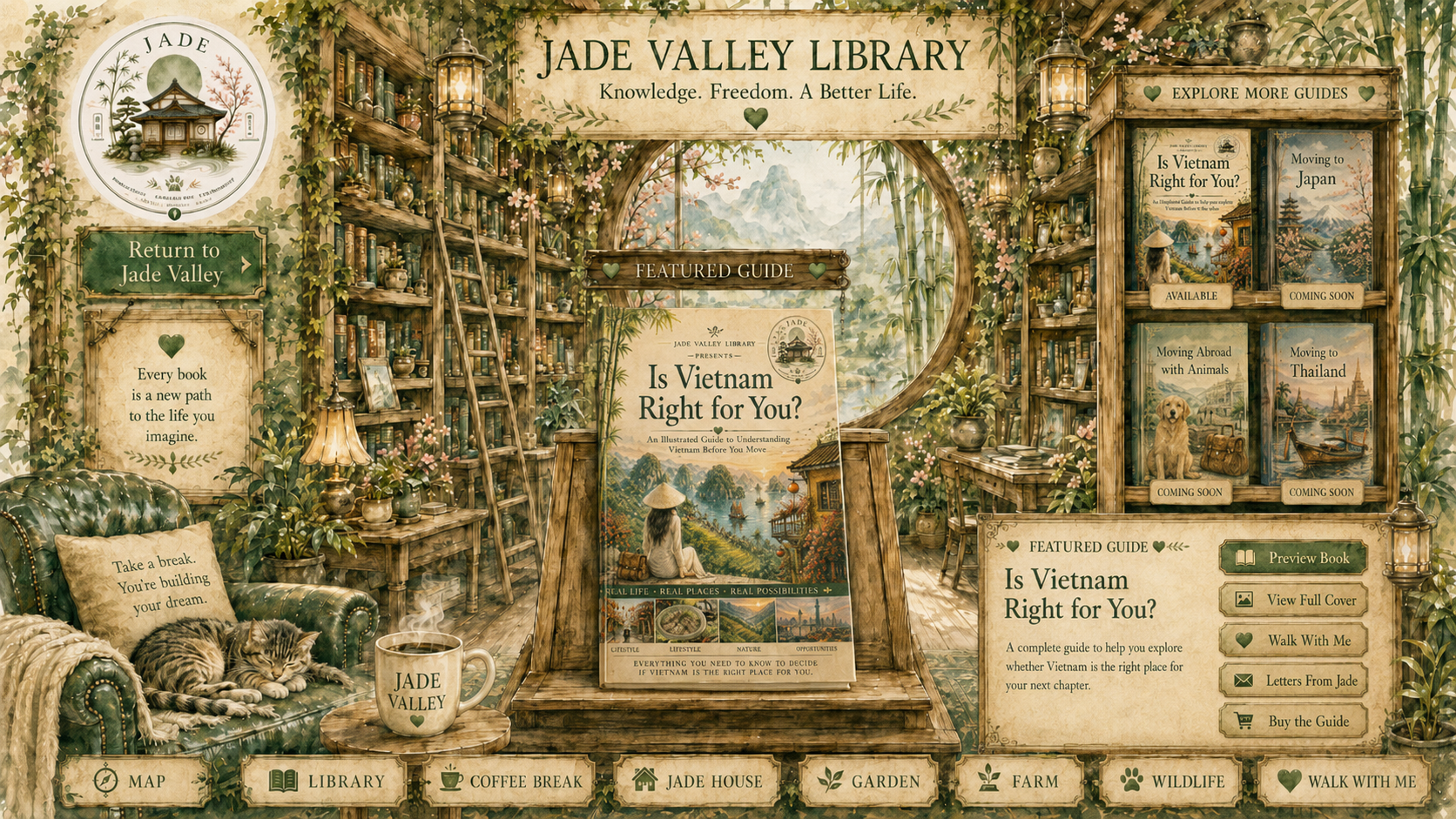 Watercolor interior of Jade Valley Library with bookshelves, a sleeping striped cat, steaming coffee, lanterns, the featured Is Vietnam Right for You? book, and future Jade Valley guides on the shelf.