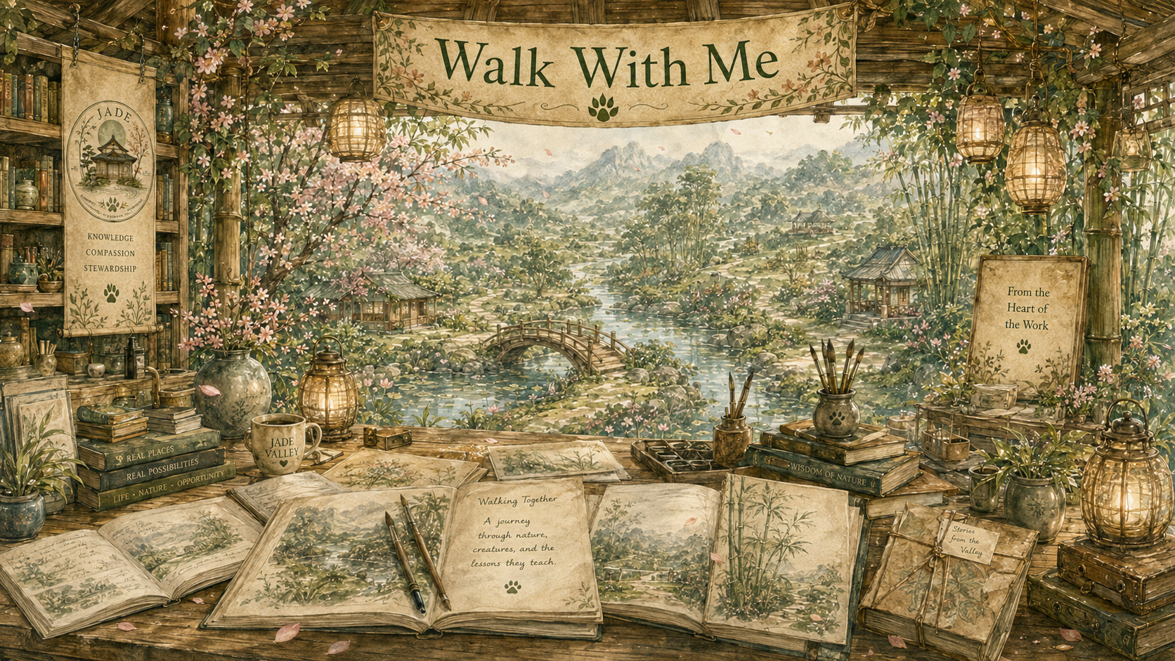 Watercolor Walk With Me studio overlooking Jade Valley, with open books, lanterns, writing tools, flowers, and a mountain river view.