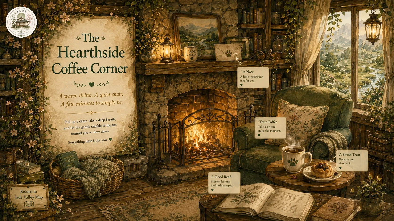 Warm illustrated Hearthside Coffee Corner in Jade Valley with a stone fireplace, green armchair, coffee and pastry table, books, letters, flowers, lanterns, and a valley view through the window.