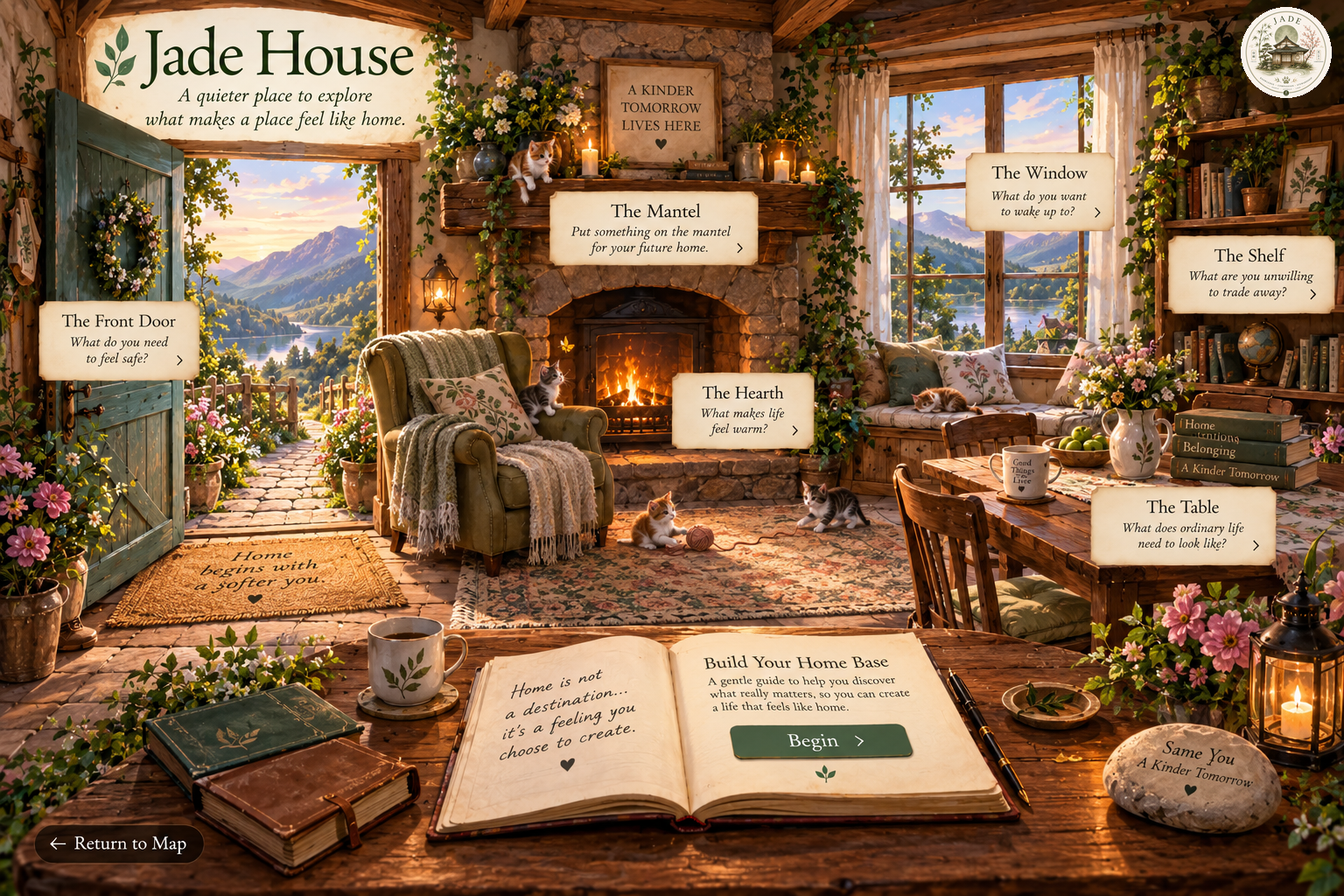 Warm Jade House cottage overlooking the valley, with a stone hearth, books, flowers, an open door, an open journal, and kittens playing around the room.