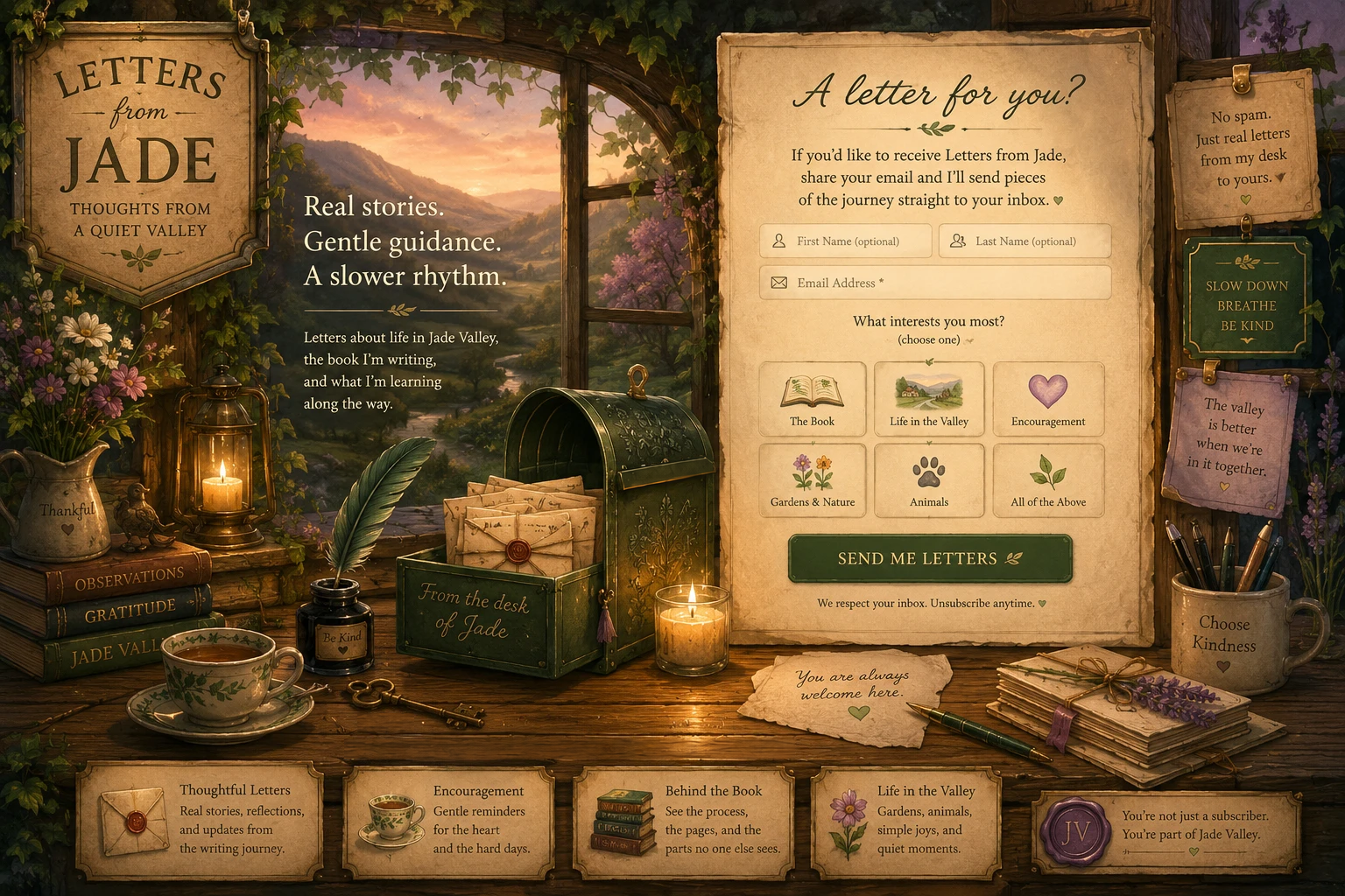 Warm illustrated Jade Valley correspondence room with a green mailbox, writing desk, letters, lanterns, flowers, and a valley view at sunset
