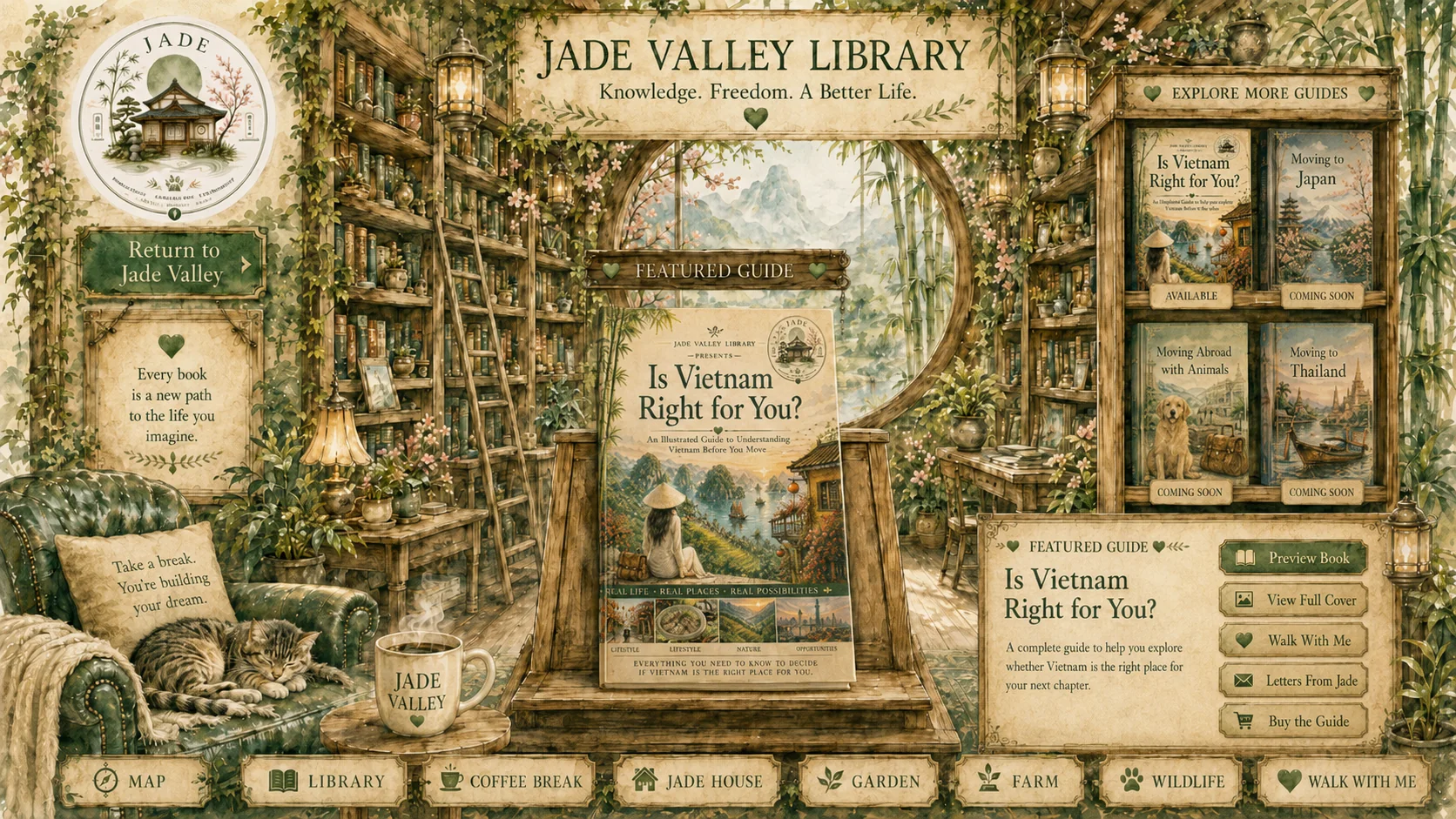 Watercolor interior of Jade Valley Library with bookshelves, a sleeping striped cat, steaming coffee, lanterns, the featured Is Vietnam Right for You? book, and future Jade Valley guides on the shelf.