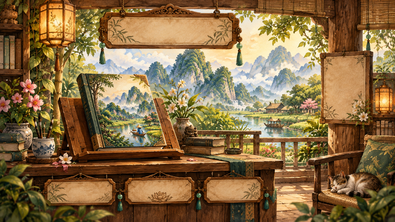 A warm Jade Valley reading pavilion overlooking a river and mountain landscape, prepared as the book release room.