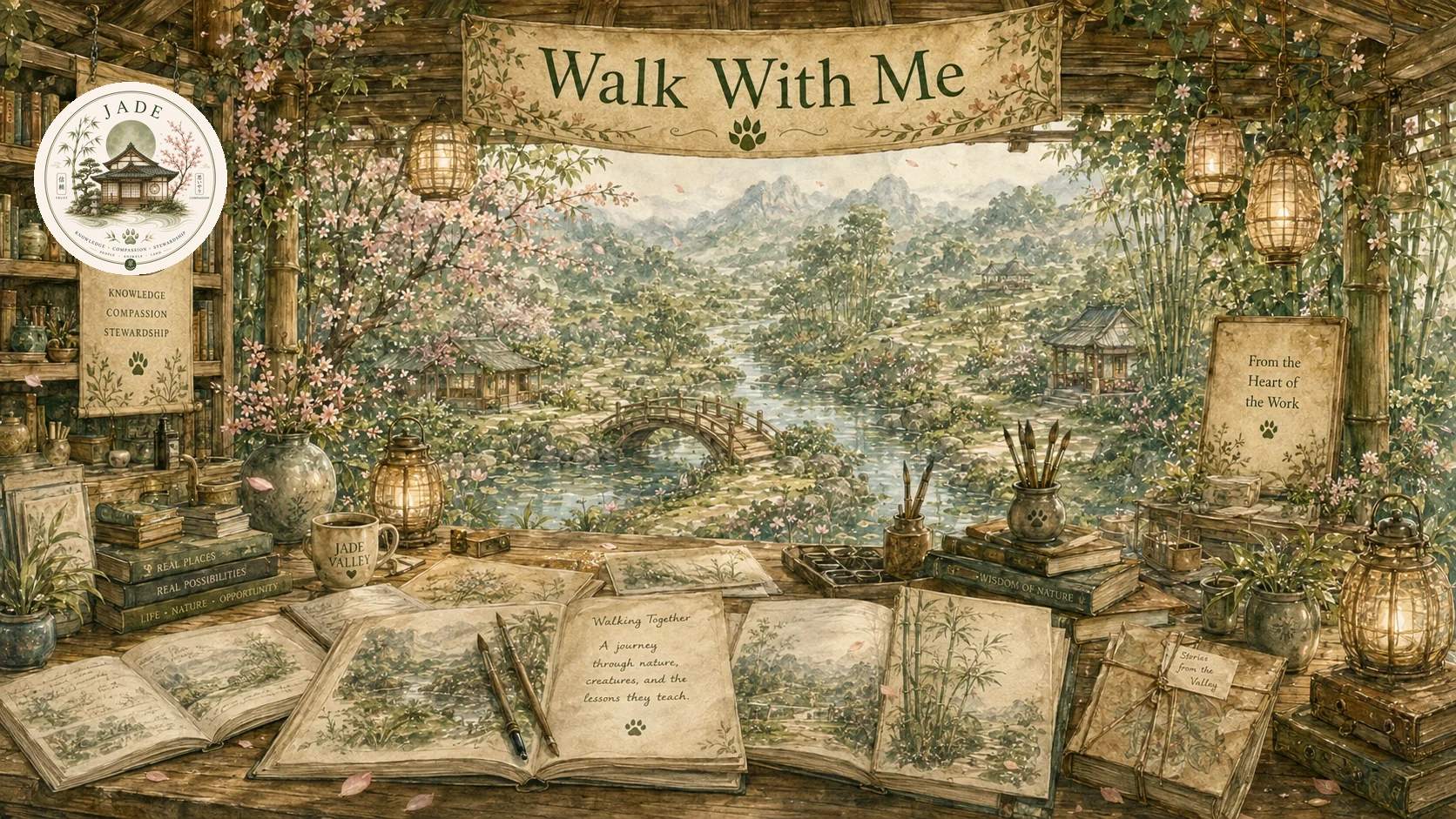 Watercolor Walk With Me studio overlooking Jade Valley, with an open journal, books, lanterns, writing tools, flowers, a river path, and a bridge into the mountains.