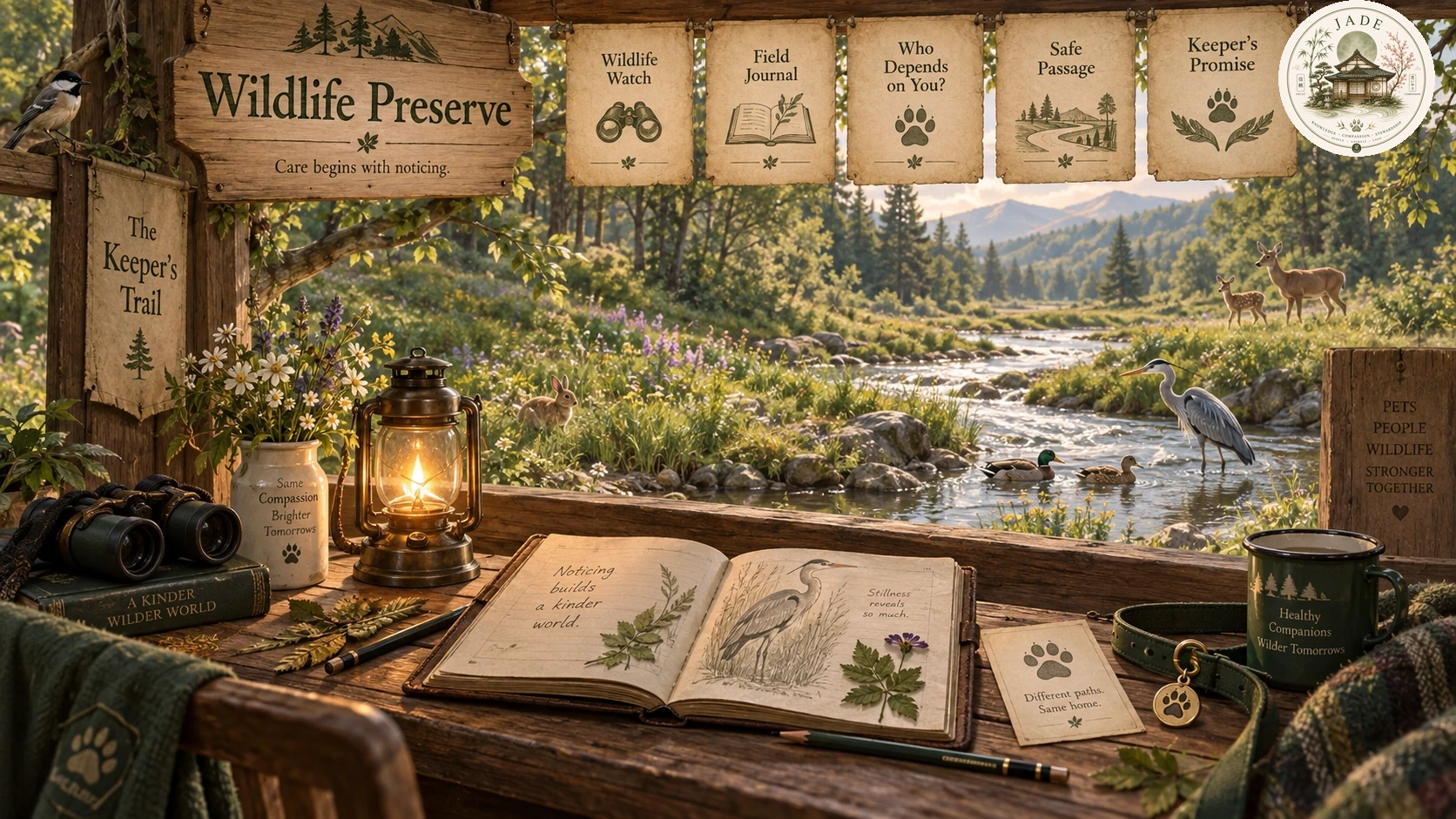 A warm wildlife observation shelter in Jade Valley overlooking a stream and meadow with deer, rabbits, ducks, a heron, flowers, lantern light, and an open field journal.