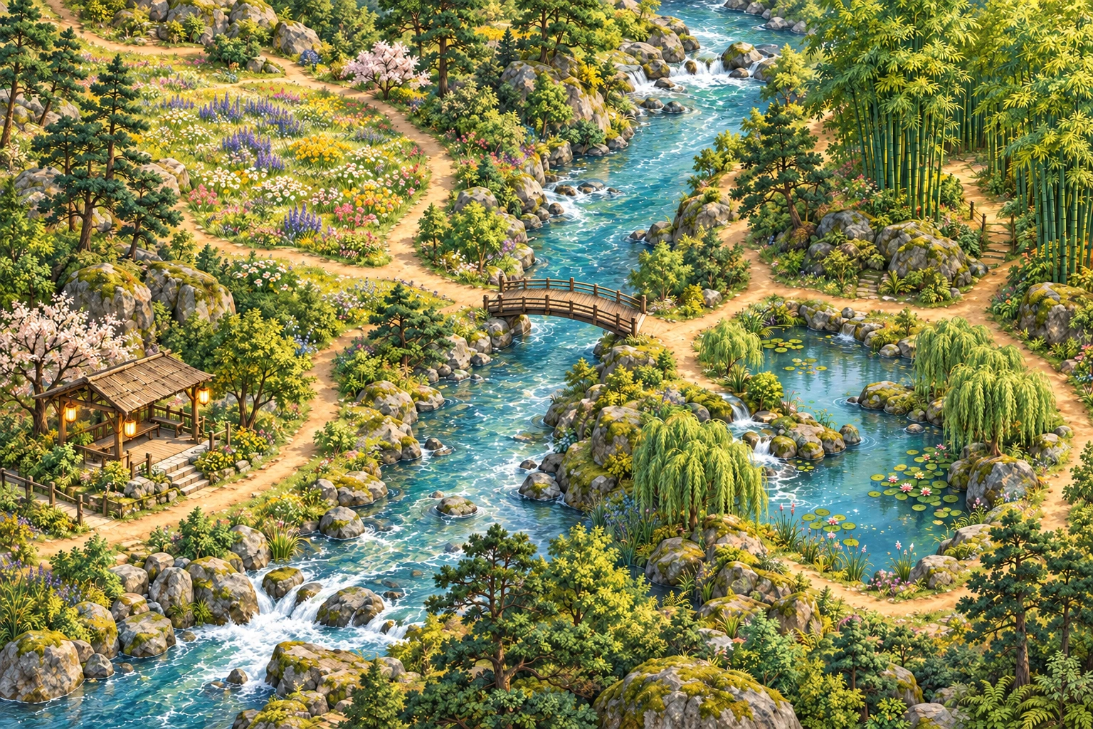 Jade Valley’s sunlit river, wooden porch, golden wildflowers, and woodland paths.